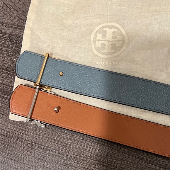 2 Tory Burch Black and Brown Belts with Metallic Logo Buckles both reversible - Picture 2 of 11